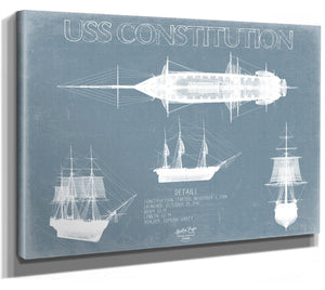 Bella Frye 14" x 11" / Stretched Canvas Wrap USS Constitution (Old Ironsides) Blueprint Wall Art - Original Frigate Print