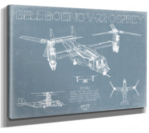 Bella Frye 14" x 11" / Stretched Canvas Wrap Bell Boeing V-22 Osprey Aircraft Blueprint Wall Art - Original Aviation Plane Print