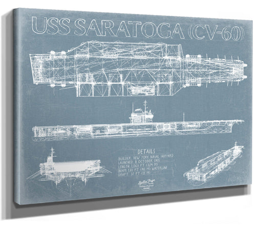 Bella Frye 14" x 11" / Stretched Canvas Wrap USS Saratoga (CV-60) Blueprint Wall Art - Original Carrier Print