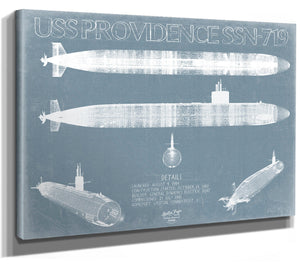 Bella Frye 14" x 11" / Stretched Canvas Wrap USS Providence (SSN-719) Blueprint Wall Art - Original Submarine Print