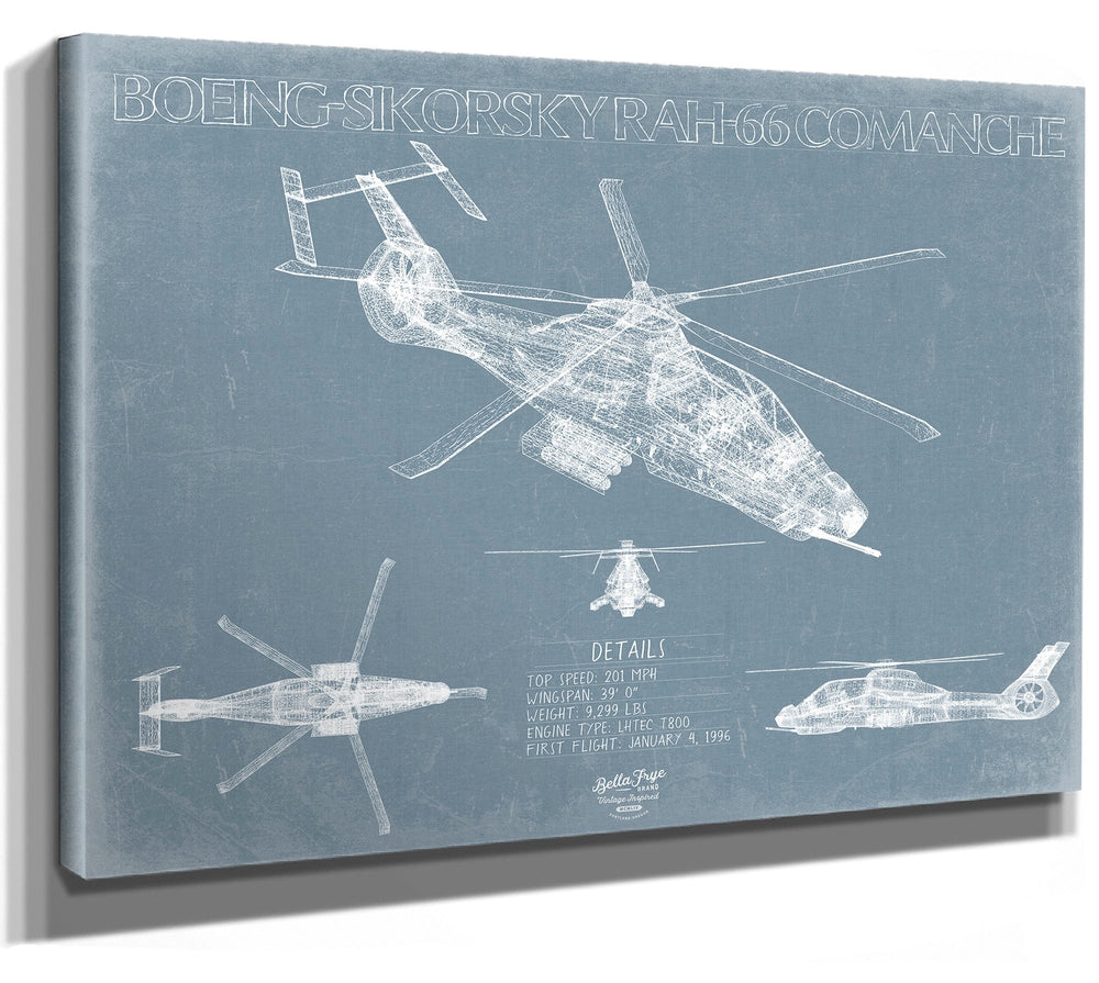 Bella Frye 14" x 11" / Stretched Canvas Wrap Boeing-Sikorsky RAH-66 Comanche Aircraft Blueprint Wall Art - Original Aviation Plane Print