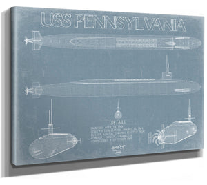 Bella Frye 14" x 11" / Stretched Canvas Wrap USS Pennsylvania (SSBN-735) Blueprint Wall Art - Original Submarine Print