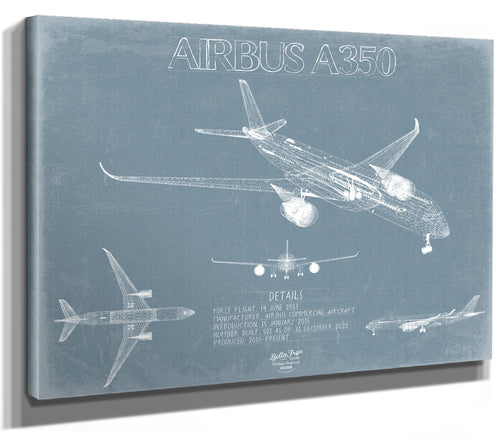 Bella Frye 14" x 11" / Stretched Canvas Wrap Airbus A350 Aircraft Blueprint Wall Art - Original Aviation Plane Print