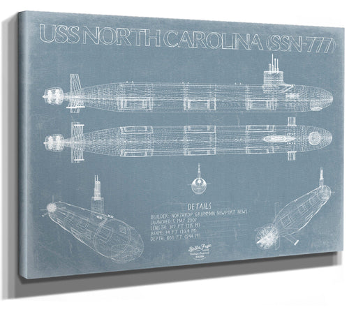 Bella Frye 14" x 11" / Stretched Canvas Wrap USS North Carolina (SSN-777) Blueprint Wall Art - Original Submarine Print