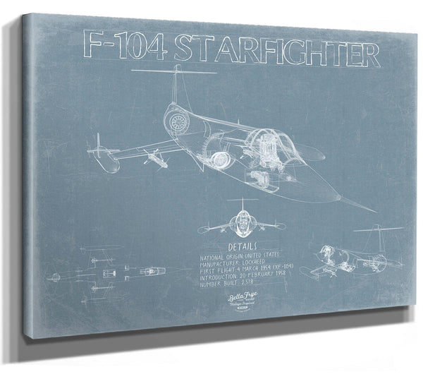 Bella Frye 14" x 11" / Stretched Canvas Wrap F-104 Starfighter Aircraft Blueprint Wall Art - Original Airplane Print