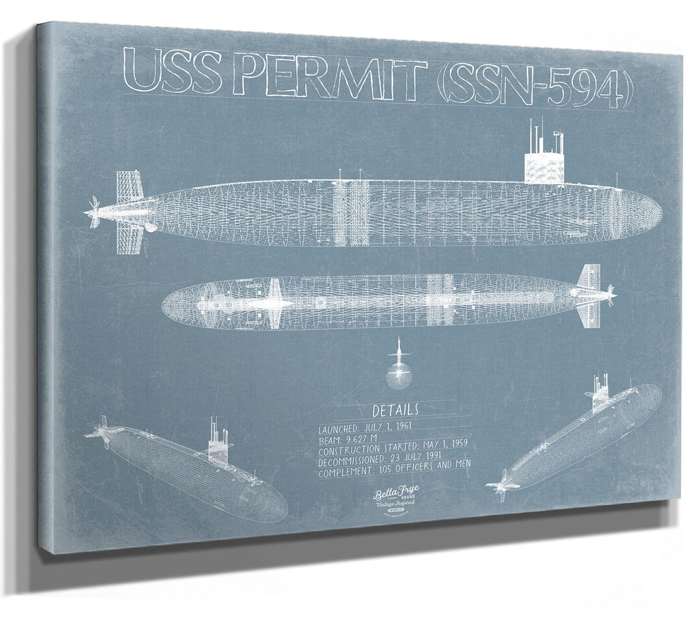 Bella Frye 14" x 11" / Stretched Canvas Wrap USS Permit (SSN-594) Blueprint Wall Art - Original Submarine Print