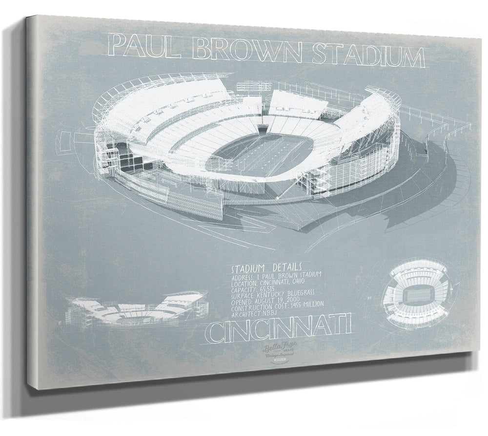 Bella Frye 14" x 11" / Stretched Canvas Wrap Paul Brown Stadium Wall Art - Original Cincinnati Bengals Blueprint Wall Art