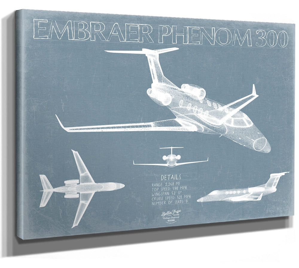 Bella Frye 14" x 11" / Stretched Canvas Wrap Embraer Phenom 300 Aircraft Blueprint Wall Art - Original Airplane Print