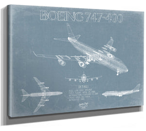 Bella Frye 14" x 11" / Stretched Canvas Wrap Boeing 747-400 Aircraft Blueprint Wall Art - Original Aviation Plane Print