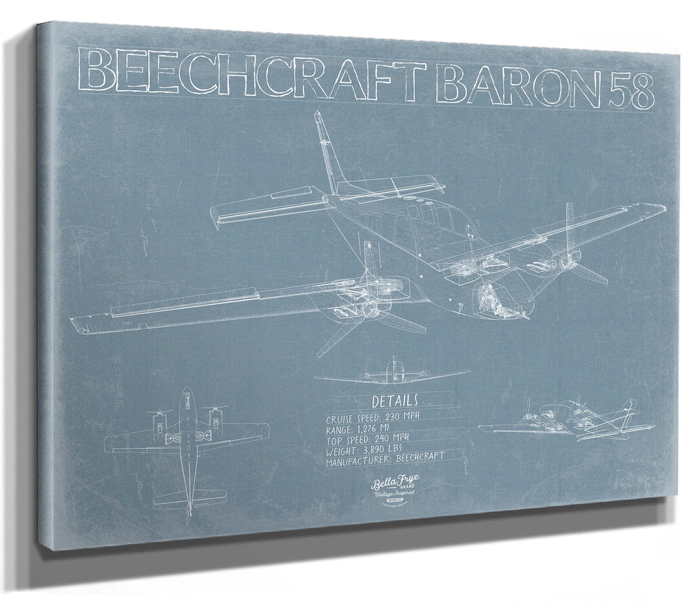 Bella Frye 14" x 11" / Stretched Canvas Wrap Beechcraft Baron 58 Aircraft Blueprint Wall Art - Original Military Plane Print