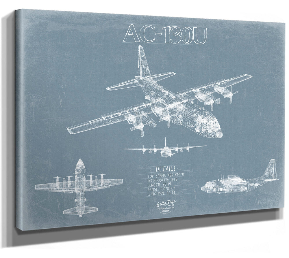 Bella Frye 14" x 11" / Stretched Canvas Wrap Lockheed AC-130U Spooky Blueprint Wall Art - Original Aviation Plane Print