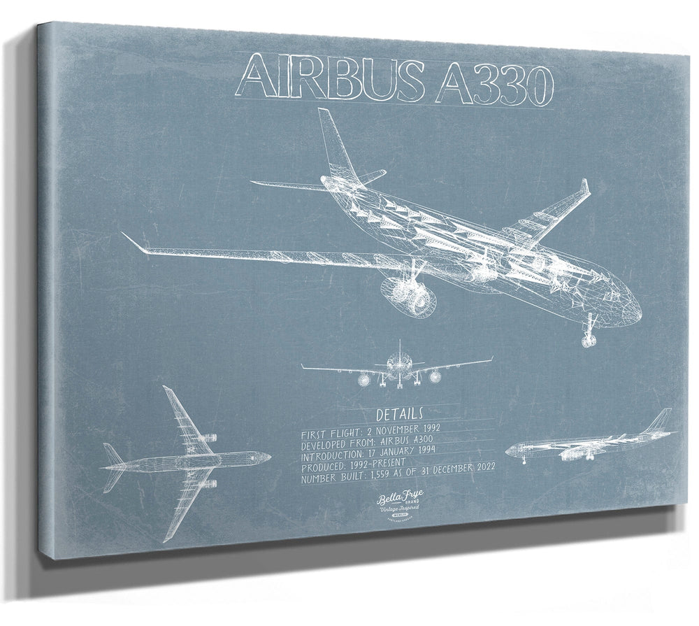 Bella Frye 14" x 11" / Stretched Canvas Wrap Airbus A330 Aircraft Blueprint Wall Art - Original Aviation Plane Print