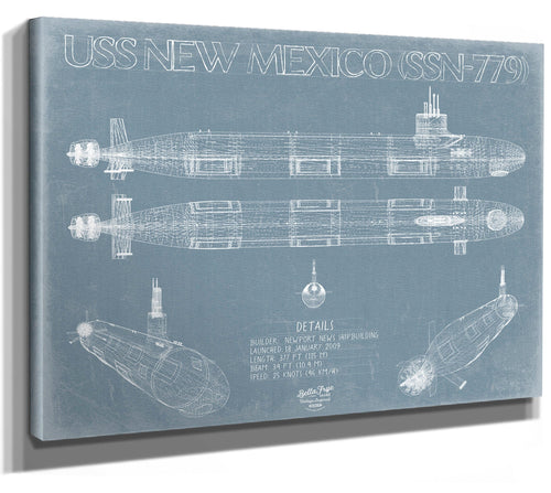 Bella Frye 14" x 11" / Stretched Canvas Wrap USS New Mexico (SSN-779) Blueprint Wall Art - Original Submarine Print