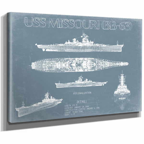 Bella Frye USS Missouri (BB-63) Blueprint Wall Art - Original Battleship Print