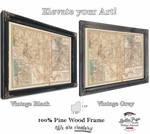 Framed Nevada and Utah Vintage Map - Ornate Embellishment Frame with Print