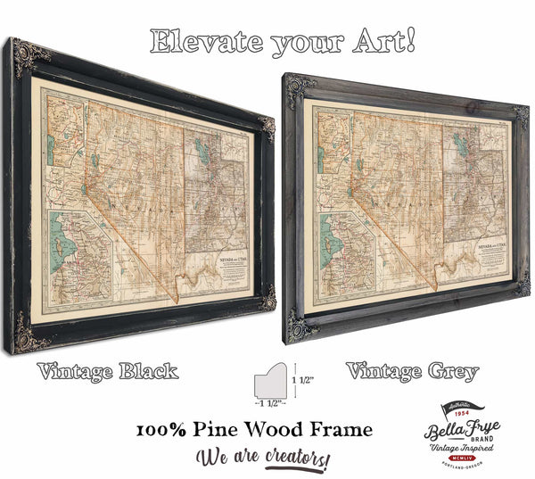 Framed Nevada and Utah Vintage Map - Ornate Embellishment Frame with Print