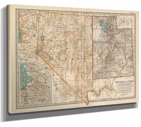 Framed Nevada and Utah Vintage Map - Ornate Embellishment Frame with Print