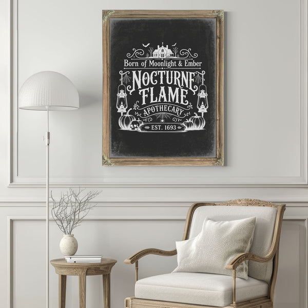 Nocturne Flame Sign Halloween wall art in a styled room