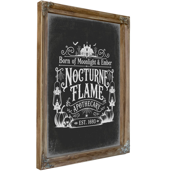 Nocturne Flame Sign Halloween wall art, Verdigris frame