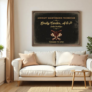 Personalized Aircraft Maintenance Technician Sign, Torqued to Spec, Black & Gold, image 5