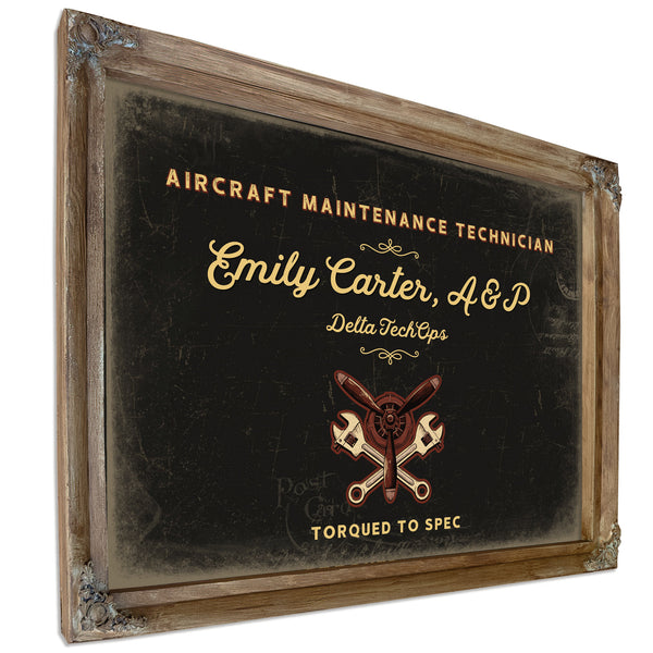 Personalized Aircraft Maintenance Technician Sign, Torqued to Spec, Black & Gold, image 6