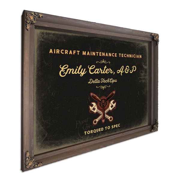 Personalized Aircraft Maintenance Technician Sign, Torqued to Spec, Black & Gold, image 7