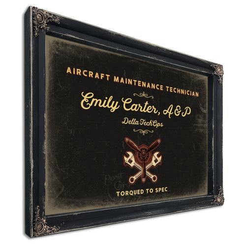 Personalized Aircraft Maintenance Technician Sign, Torqued to Spec, Black & Gold, image 1