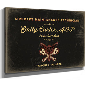 Personalized Aircraft Maintenance Technician Sign, Torqued to Spec, Black & Gold, image 8