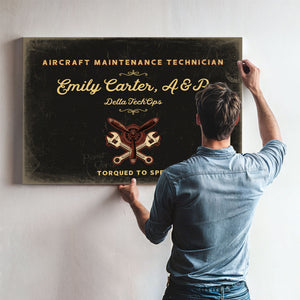 Personalized Aircraft Maintenance Technician Sign, Torqued to Spec, Black & Gold, image 9