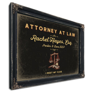 Personalized Attorney at Law Sign, I Rest My Case, Black & Gold, image 1