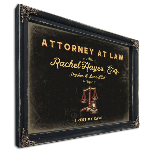 Personalized Attorney at Law Sign, I Rest My Case, Black & Gold, image 1