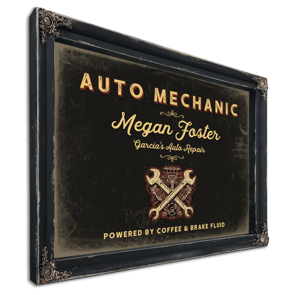 Personalized Auto Mechanic Sign, Powered by Coffee & Brake Fluid, Black & Gold, image 1