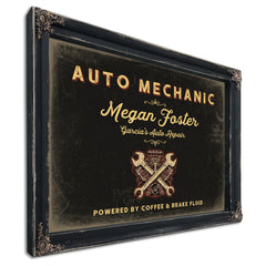 Personalized Auto Mechanic Sign, Powered by Coffee & Brake Fluid, Black & Gold, image 1