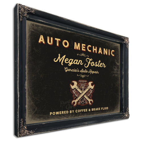 Personalized Auto Mechanic Sign, Powered by Coffee & Brake Fluid, Black & Gold, image 1