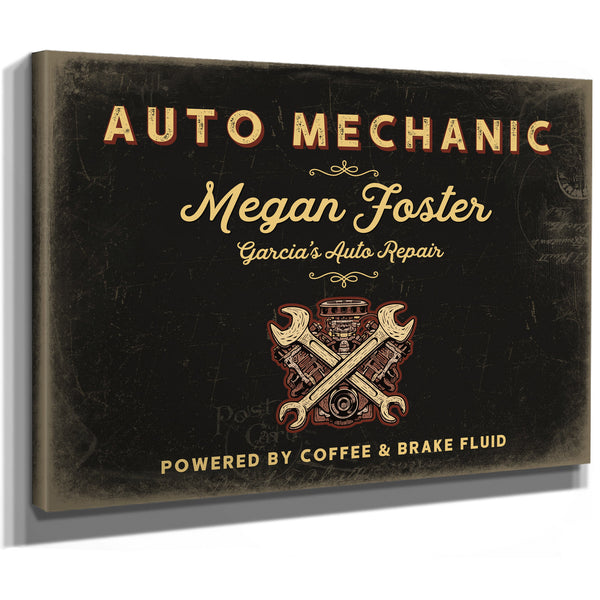 Personalized Auto Mechanic Sign, Powered by Coffee & Brake Fluid, Black & Gold, image 8