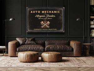 Personalized Auto Mechanic Sign, Powered by Coffee & Brake Fluid, Black & Gold, image 17