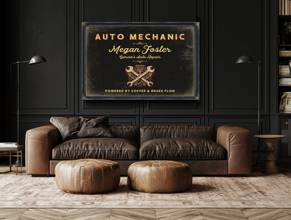 Personalized Auto Mechanic Sign, Powered by Coffee & Brake Fluid, Black & Gold, image 17