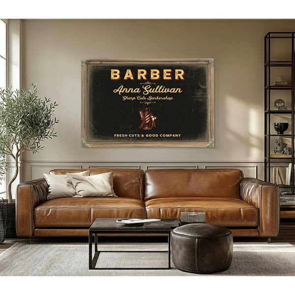 Personalized Barber Sign, Fresh Cuts & Good Company, Black & Gold, image 3