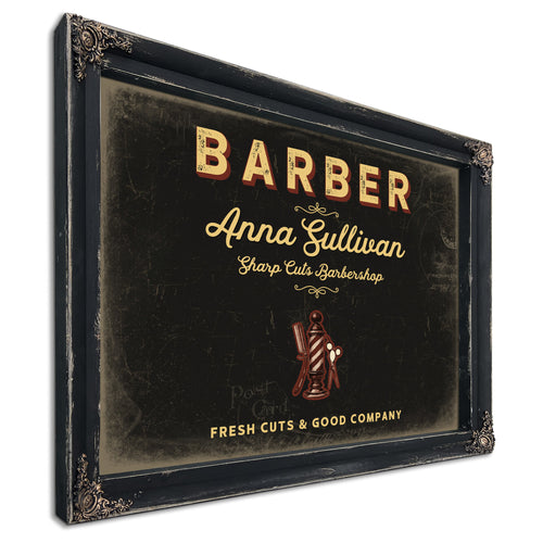 Personalized Barber Sign, Fresh Cuts & Good Company, Black & Gold, image 1