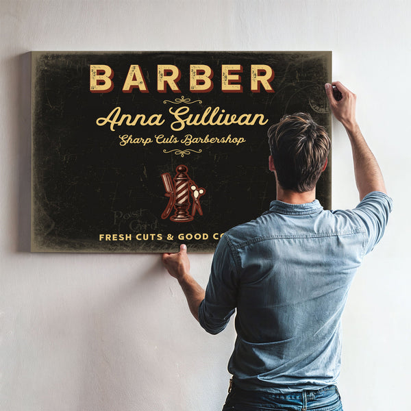 Personalized Barber Sign, Fresh Cuts & Good Company, Black & Gold, image 9