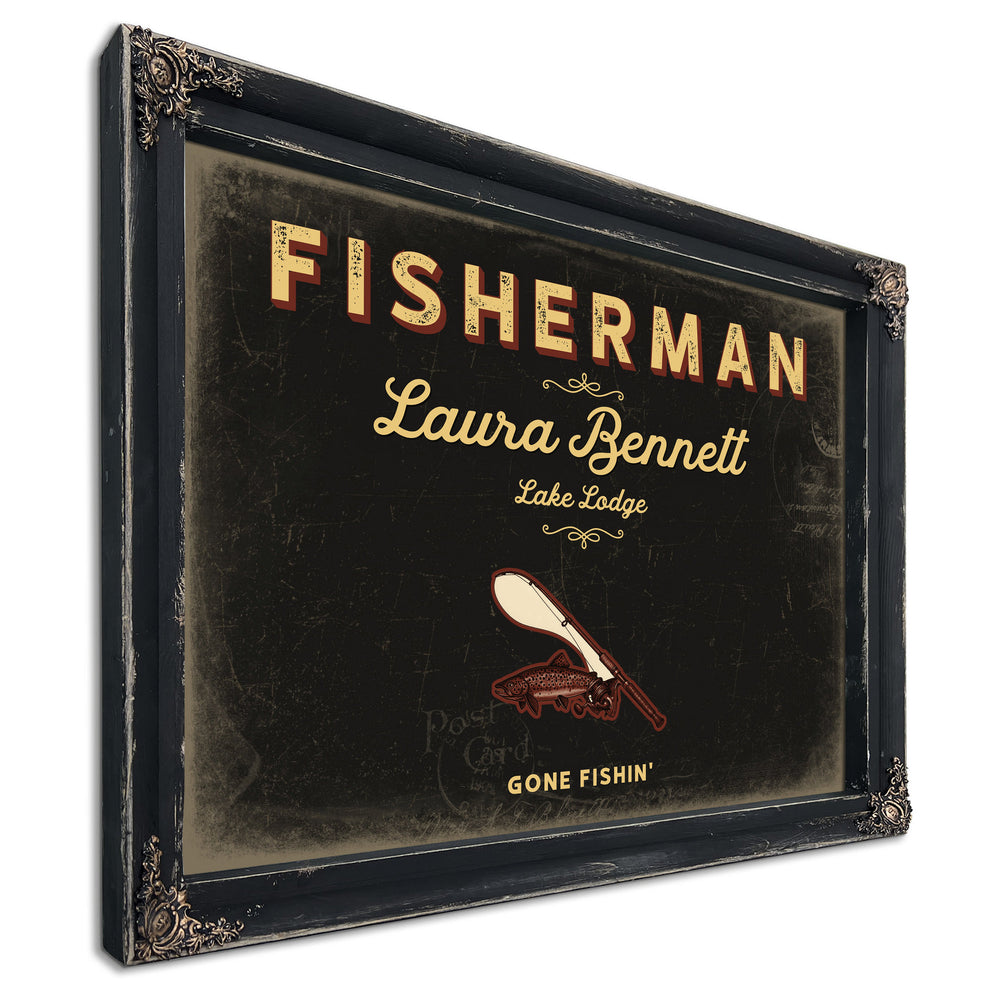 Personalized Fisherman Sign, Gone Fishin', Black & Gold, image 1