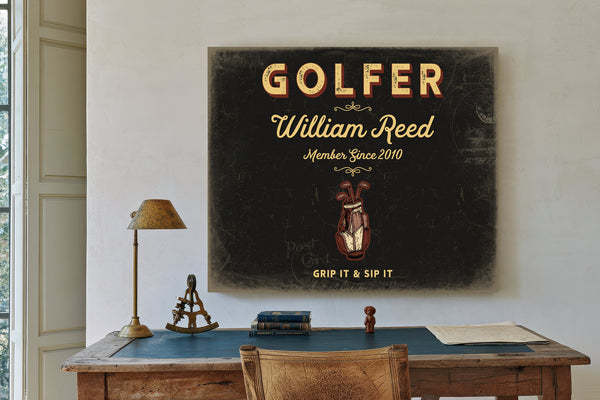 Personalized Golfer Sign, Grip It & Sip It, Black & Gold, image 2