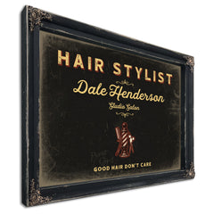 Personalized Hair Stylist Sign, Good Hair Don't Care, Black & Gold, image 1