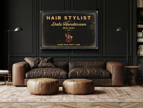 Personalized Hair Stylist Sign, Good Hair Don't Care, Black & Gold, image 17