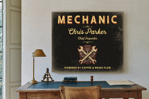 Personalized Mechanic Sign, Powered by Coffee & Brake Fluid, Black & Gold, image 2