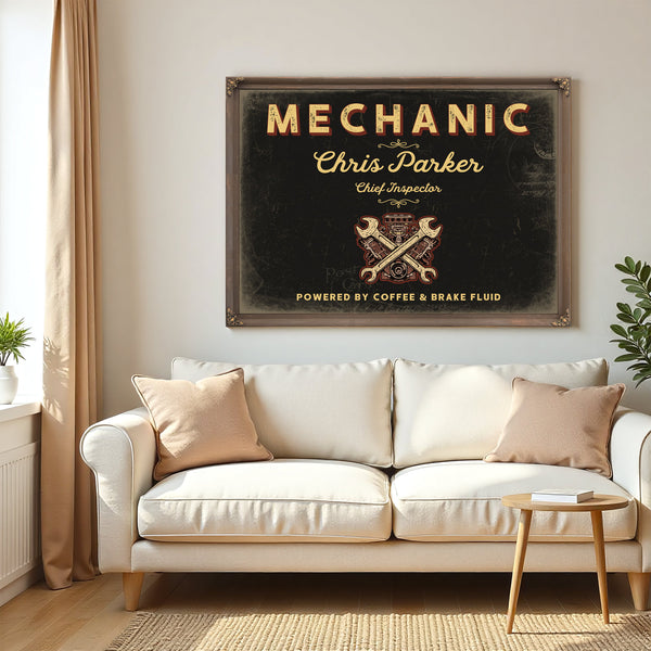 Personalized Mechanic Sign, Powered by Coffee & Brake Fluid, Black & Gold, image 5