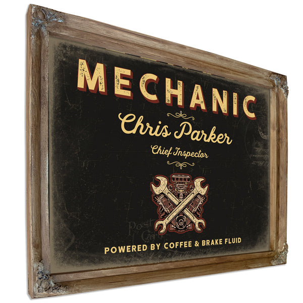 Personalized Mechanic Sign, Powered by Coffee & Brake Fluid, Black & Gold, image 6
