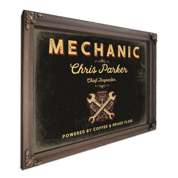 Personalized Mechanic Sign, Powered by Coffee & Brake Fluid, Black & Gold, image 7
