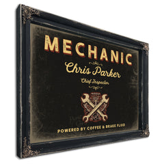 Personalized Mechanic Sign, Powered by Coffee & Brake Fluid, Black & Gold, image 1