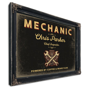 Personalized Mechanic Sign, Powered by Coffee & Brake Fluid, Black & Gold, image 1